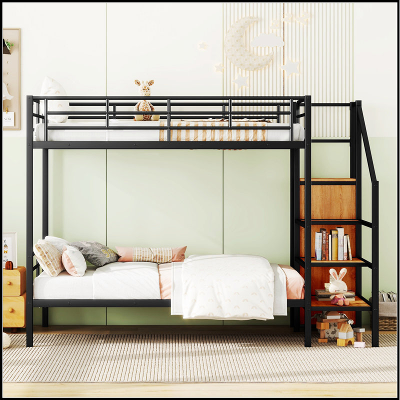 Lit superposé au-dessus de Chosposi avec échelle de rangement latérale et garde-robe, alliant style moderne et efficacité de l'espace