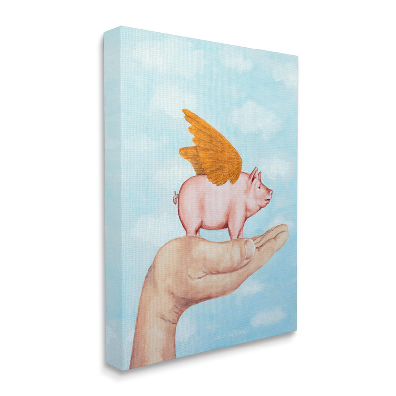 Illustration d'un cochon volant dans une aile de palmier par Coco de Paris - Peinture, Toile tendue