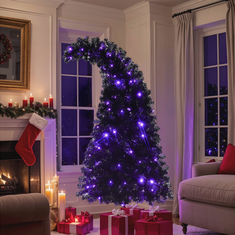 Arbre de Noël artificiel incurvé de 6 pi avec 900 pointes et lumières DEL bicolores, noir pour une décoration de Noël unique