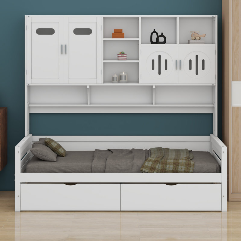 Lit de jour en bois avec 2 tiroirs, armoire et tablette tout-en-un, blanc
