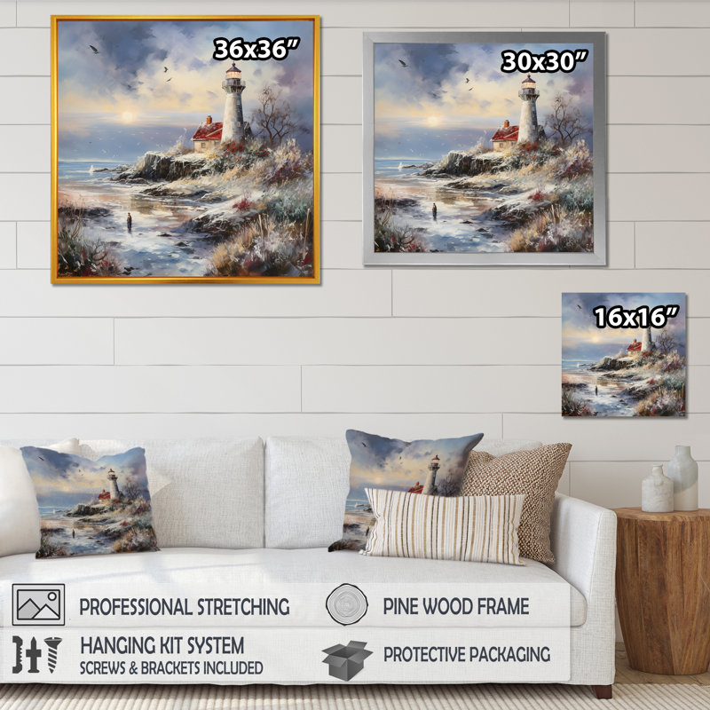 Charme de phare côtier en hiver, H 36 po x l 36 po x P 1,5 po, Cadre doré simple