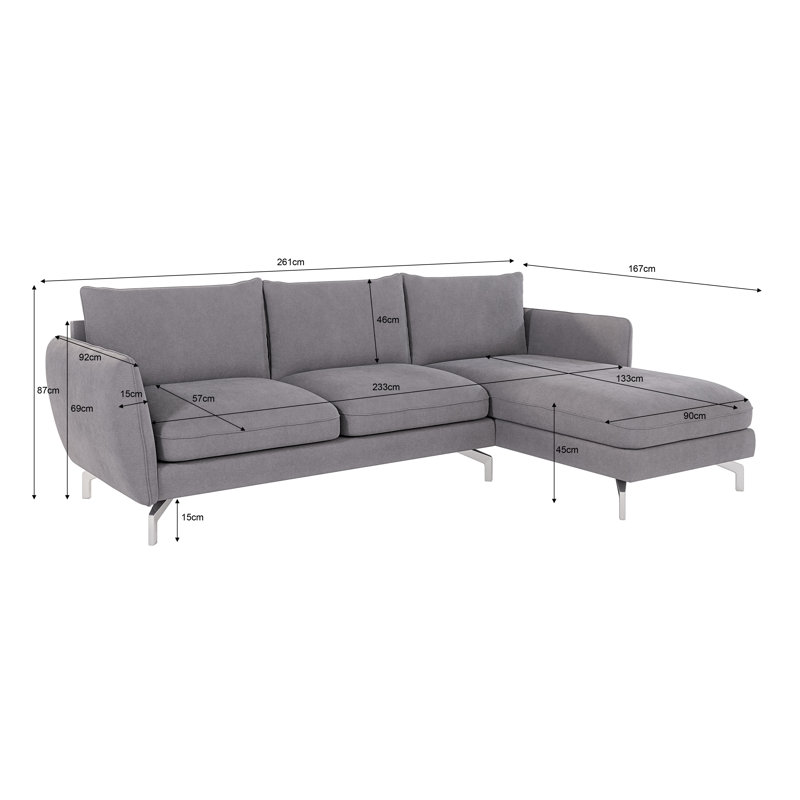 Modern L-Shape Corner Sofa Kimo with Silver Metal Legs, Right Hand Facing, Grey