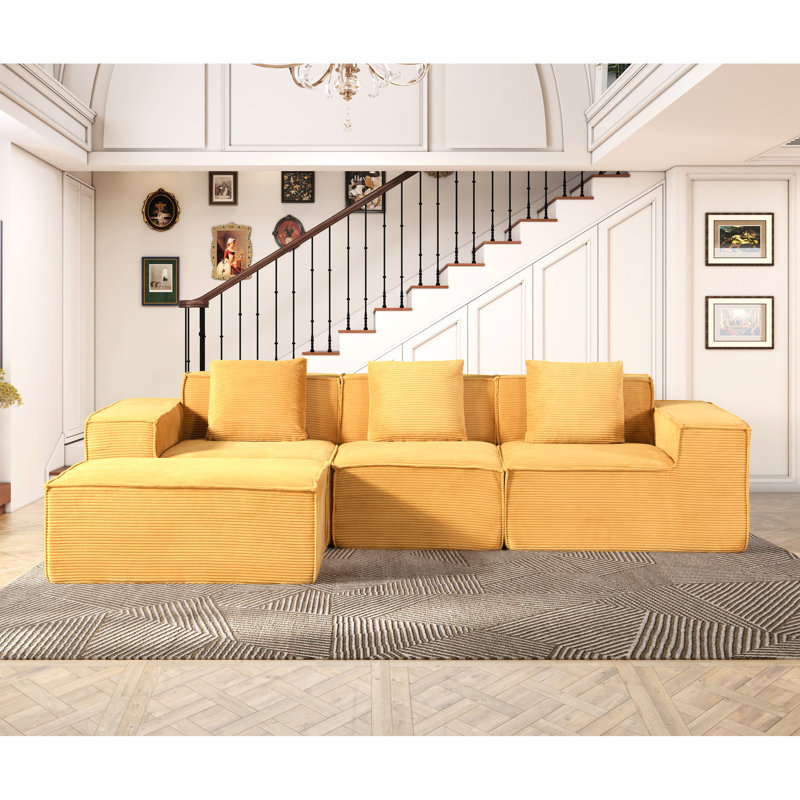 Canapé-lit modulaire en velours côtelé jaune gingembre, montage rapide, assise spacieuse et réglable avec oreillers, configuration facile