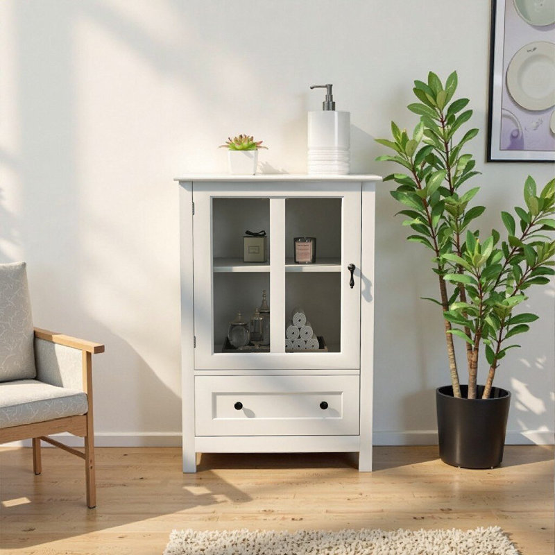 Single Glass Door Buffet Cabinet with Antique Bell Handle - White Kitchen & Living Room Storage Sideboard