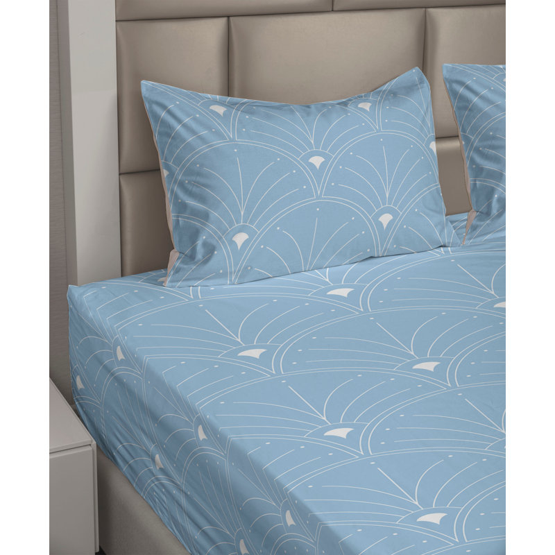 Pale Blue and White Microfiber Geometric King Sheet Set