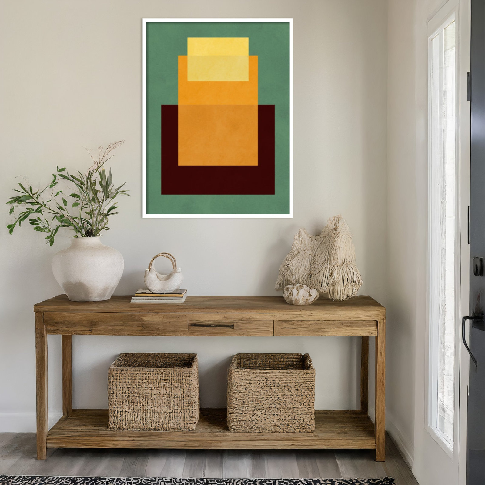 Overlapping Geometry 10 Print, Green/Orange, 41" H x 31" W, White
