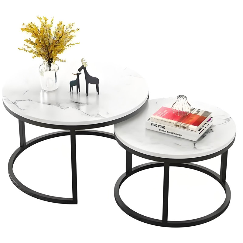 Ensemble de tables de bout emboîtables, plateau rond en faux marbre avec structure en métal noir