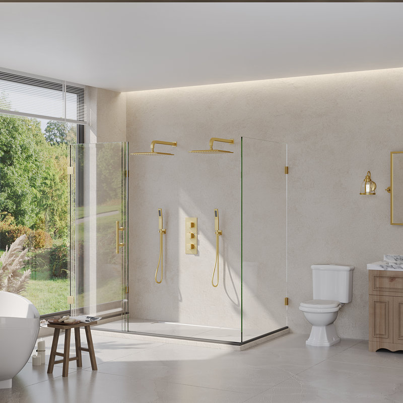 Système de douche thermostatique à pluie, douchette double 12 po avec douchette à main, Or brossé