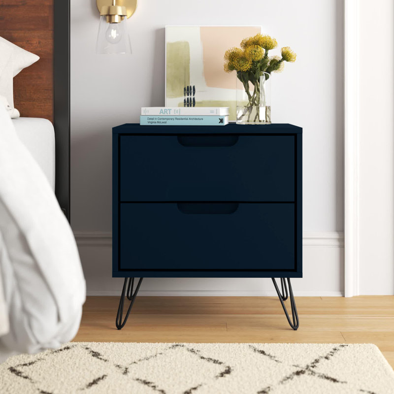 Table de chevet 2 tiroirs Mid-Century moderne bleu Rockefeller, Tatiana bleu minuit / Tatiana bleu minuit