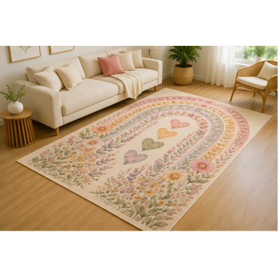 "Ultra Thin" Large 6'7" x 9'10" Watercolor Floral Rainbow Heart Area Rug for Living Room, Soft Low Pile Indoor Rug with Non-Slip Silicone Backing, Decorative Carpet for Bedroom, Nursery, Kids Room, Kids & Pets