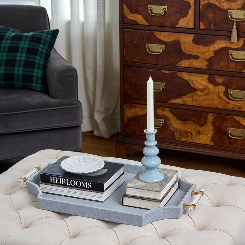 Plateau de table basse Shagreen avec poignées en acrylique doré, plateau de service moderne pour repose-pieds et décoration intérieure