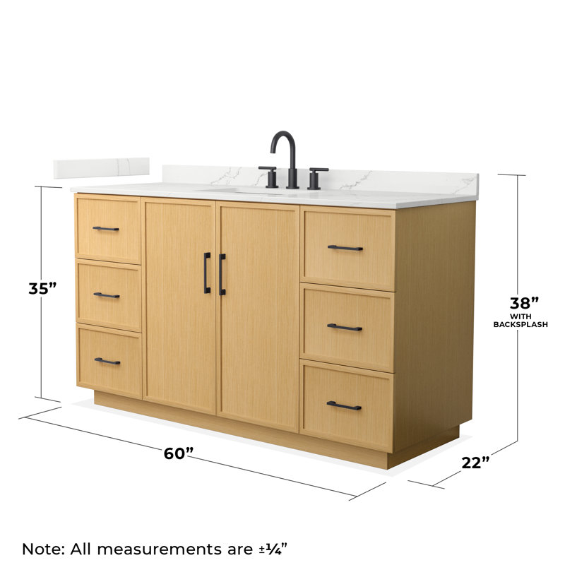Elan TK 60" Freestanding Single Bathroom Vanity with Quartz Top, Giotto Quartz, Light Oak, Matte Black