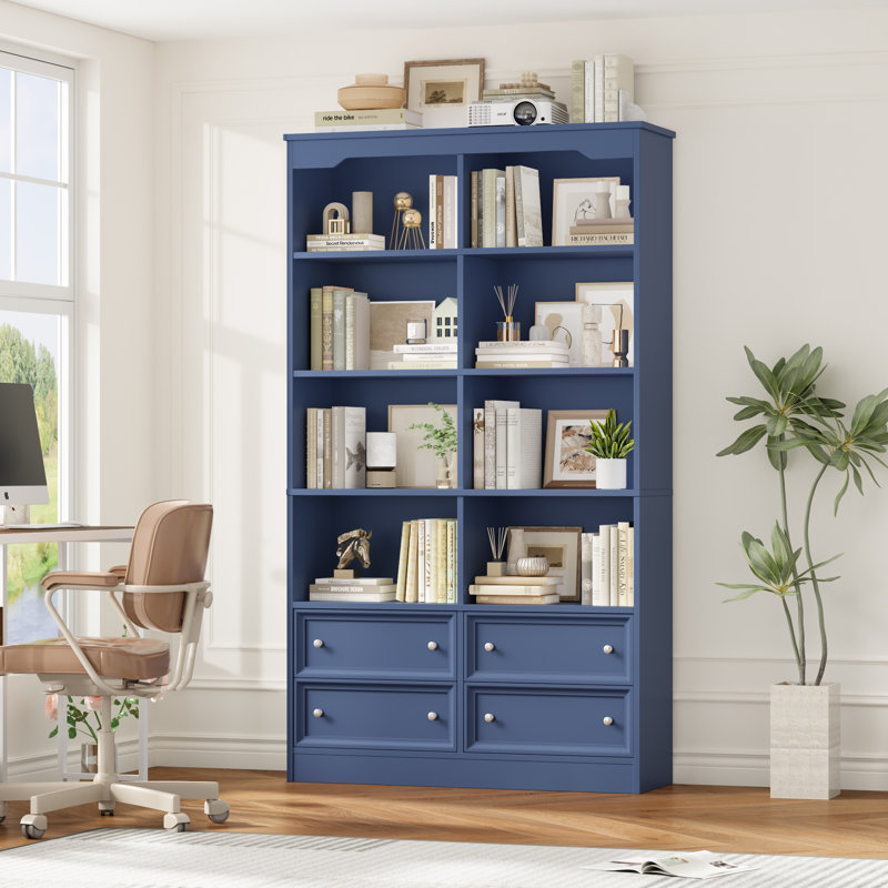 Kirklyn 6-Tier Standard Bookcase with 4 Drawers, Blue