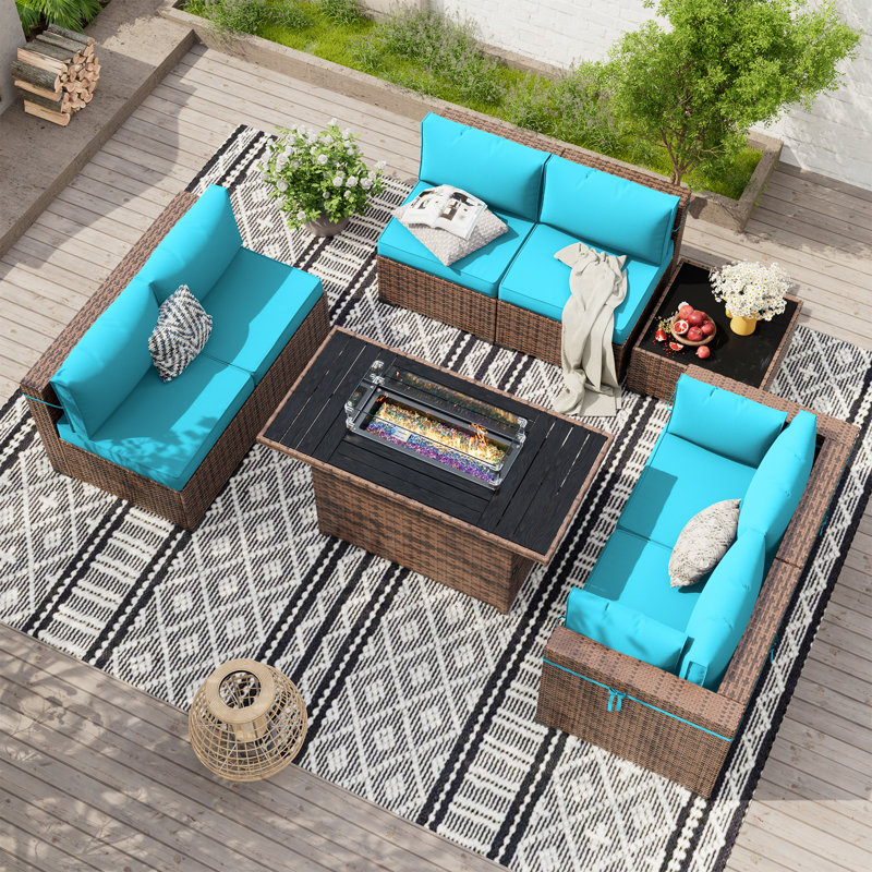 Ensemble de conversation modulaire en rotin Babak avec foyer et table basse, 6, Bleu ciel