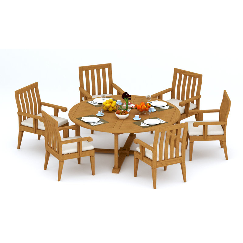6 Seats 7 Pcs Grade-A Teak Wood Dining Set: 72" Round Table And 6 Caranas Arm Chairs #11Ca1706, 6
