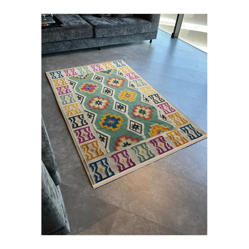 Tapis décoratif vert à motif géométrique multicolore, Sous-tapis rectangulaire de 3 pi 3 po x 4 pi 11 po