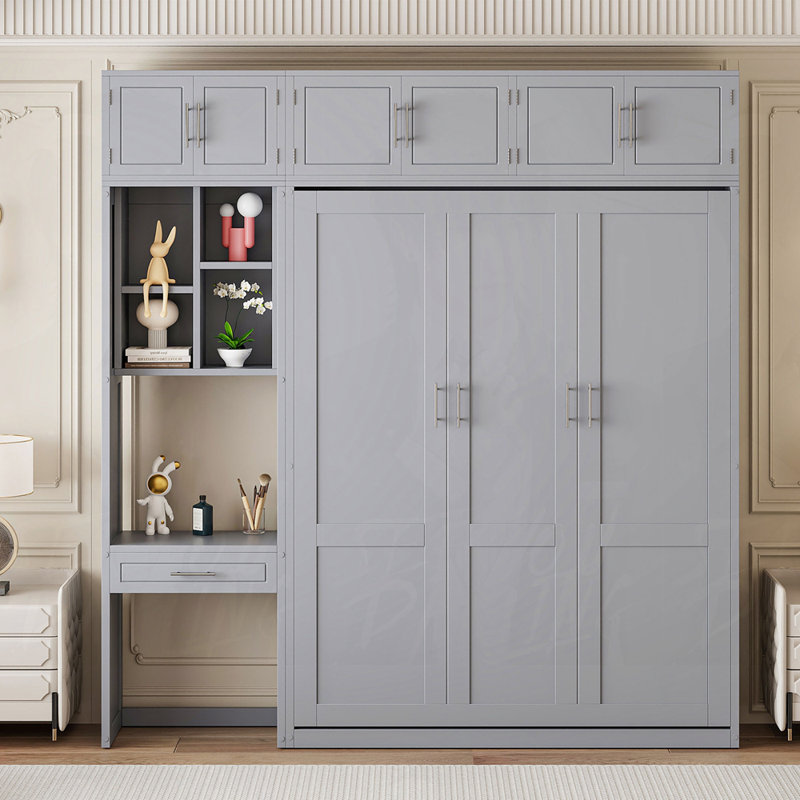 Murphy Bed with Desk and Storage, Gray, Queen