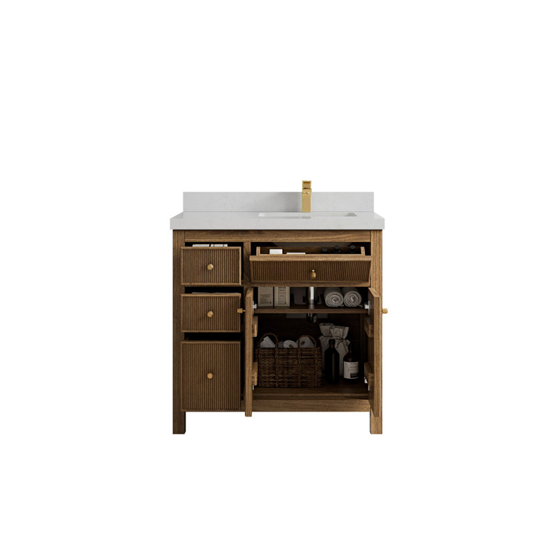 36'' Teak Single Bathroom Vanity with Quartz Top