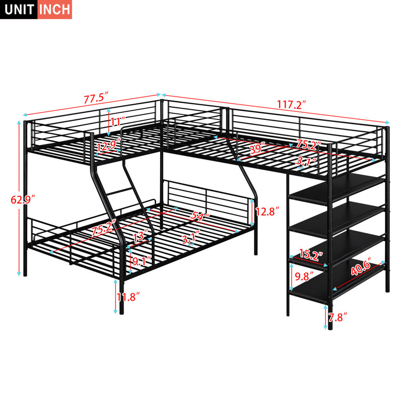 Lit mezzanine noir avec quatre tablettes - Espace maximisant la chambre à coucher avec lit superposé en L essentiel
