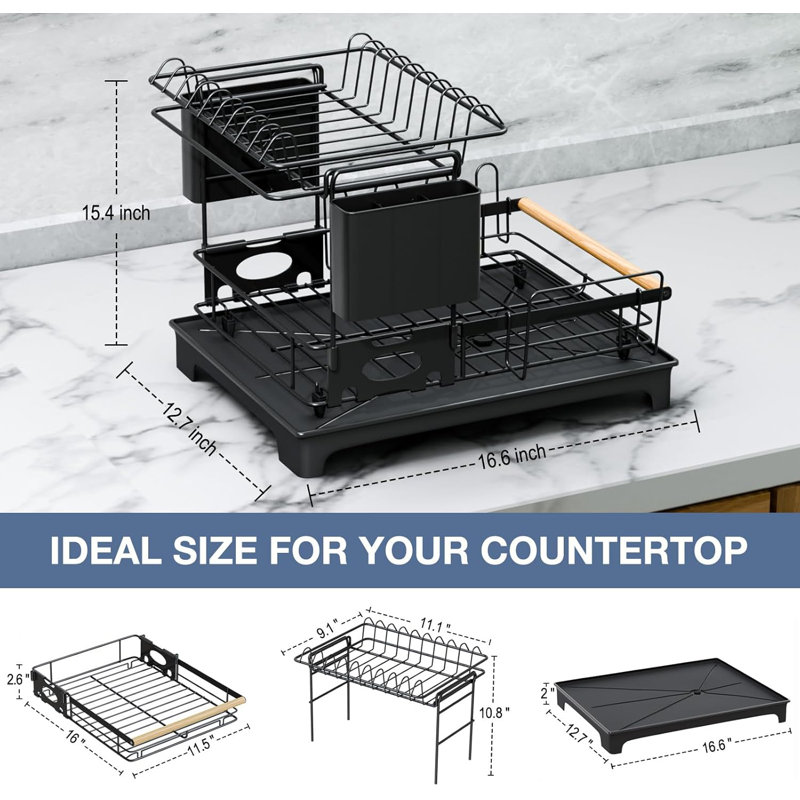 2-Tier Rustproof Dish Drying Rack With Utensil Holder And Drainboard For Kitchen Countertop