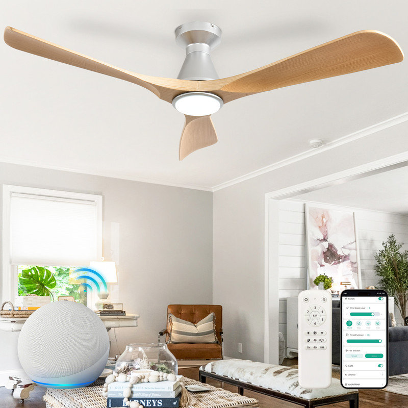 Ventilateur de plafond encastré en bois 52 pouces avec lumières et télécommande, ventilateur d'intérieur à 3 pales à intensité variable fonctionnant avec la télécommande Alexa