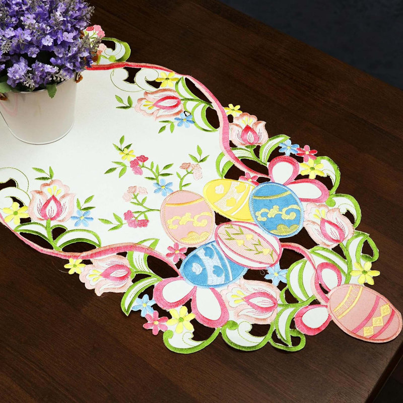 Chemin de table brodé multicolore pour œufs de Pâques, lavable à la machine, polyester, 1 pièce