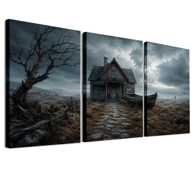 Maison et bateau patinés par le temps sous une tempête d'Halloween - Ensemble de 3 toiles murales, 36"H x 24"W x 3pcs
