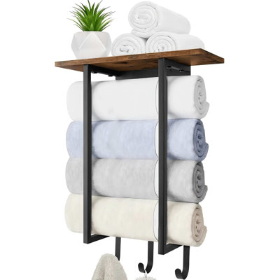 Porte-serviettes mural pour salle de bain, porte-serviettes avec tablette en bois et 3 crochets pour débarbouillettes, organisateur de rangement de serviettes de bain pour petite salle de bain, véhicule récréatif, brun rustique