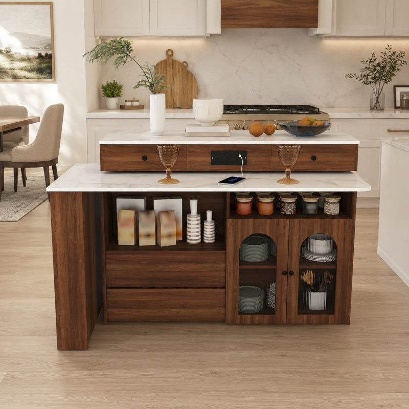 Îlot de cuisine extensible de 47 pouces avec table à manger pivotante, prises électriques intégrées et armoires vitrées cintrées