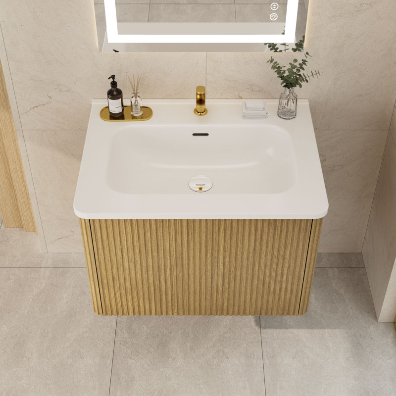  Meuble-lavabo rayé avec lavabo à surface solide, meuble-lavabo mural flottant pour salle de bain moderne, pré-assemblé