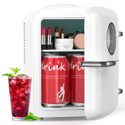 4L Skincare Mini Fridge - Cooler & Warmer, 6-Can Capacity, Round View Window + Removable Shelf, White For Dorm/Bedroom