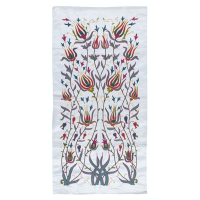 21x43 in Embroidered 100% Silk Wall Hanging. Suzani Wall Decor. Handmade Tablecloth. Contemporary Tapestry