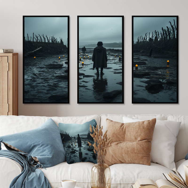 «Woman Solitude On Rocky Beach V - Man», art mural, Cadre flottant noir, H 28 po x l 36 po x P 1 po