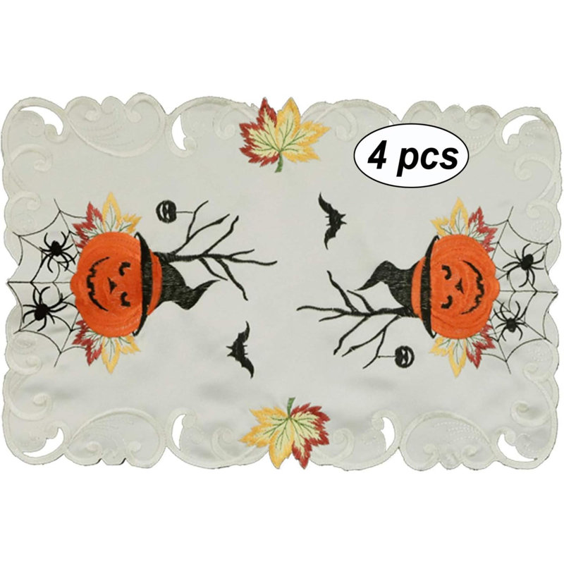 4PCS Halloween Placemats 11X17”, Embroidered Spooky Pumpkin Bats Spider Web Tray Cloth, Ivory, Set Of 4 Pieces