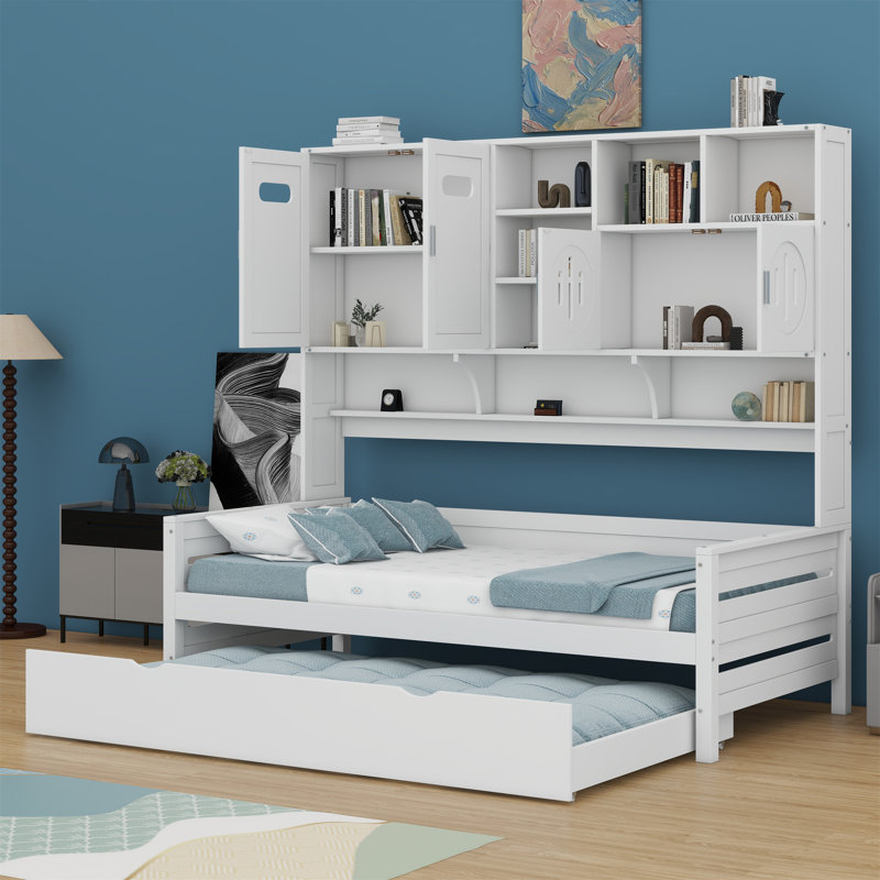 Wooden Daybed With Trundle,All-In-One Cabinet And Shelf, White, Twin