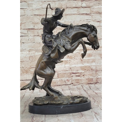 Vishanth Bronco Buster Frederic Remington Western Bronze Statue Sculpture Marble Base 17 Inches X 15 Inches
