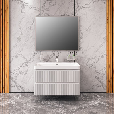 Modern Wall Mounted Bathroom Vanity With Washbasin | Luxury White Matte Collection | Non Toxic Fire Resistant MDF 36"" Omega Collection 24 -  Bath Oasis, LUX-W-S-WM-36-OM24