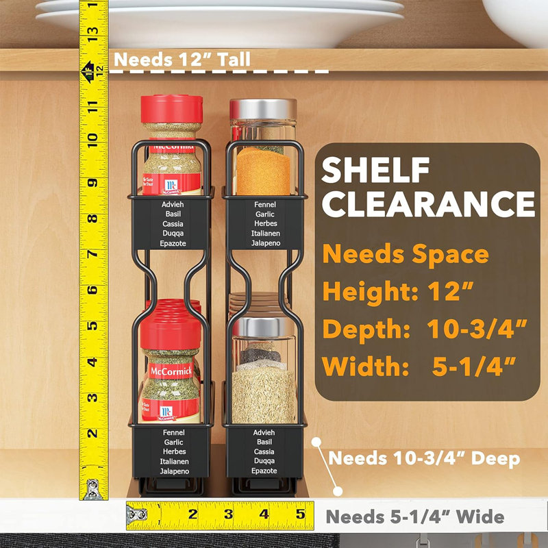 Heavy Duty Black Steel Pull Out Spice Rack Organizer with Labels