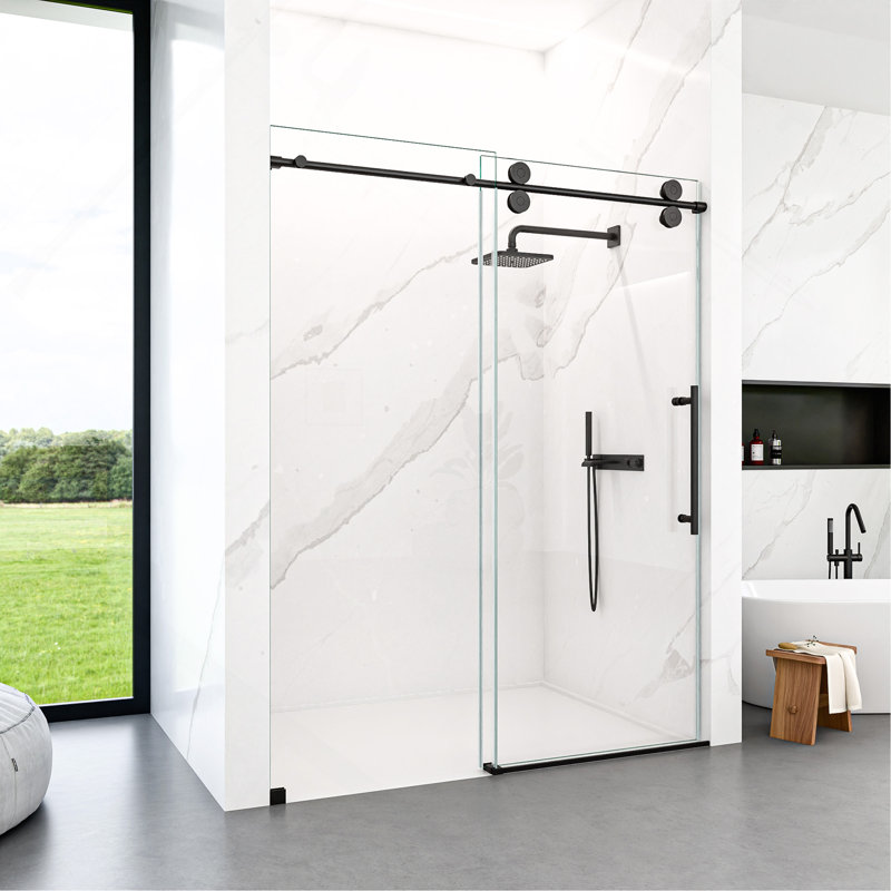 Porte de douche coulissante simple sans cadre de 44 à 48 po x H 76 po - Verre trempé transparent de 5/16 po (8 mm), conception de dérivation avec finition noir mat
