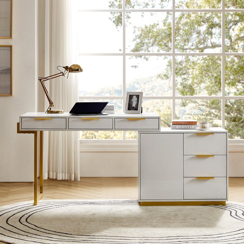Rothi Glam 6-Drawer  L-Shaped Desk with Cable Management Power Outlets and Adjustable Shelf, White
