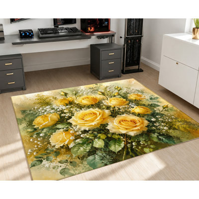 Tapis rétro à motif floral rose jaune, style de peinture à impression artistique, motif botanique réaliste, tapis de sol intérieur lavable antidérapant, décoration élégante pour salon, chambre à coucher, salle à manger, couloir, appartement