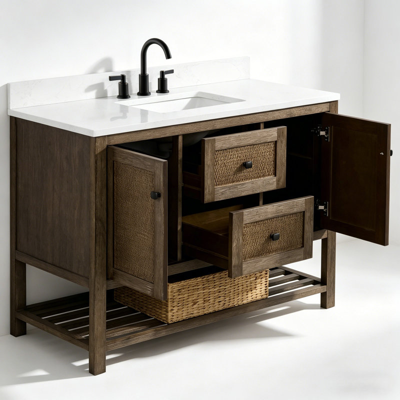 Meuble-lavabo autoportant 48 po en bois massif avec plateau en marbre d'ingénierie 48 po