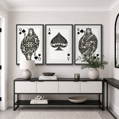 Black White Playing Cards Queen King Ace Artwork, Living Room Pictures, Framed Canvas Giclee Print 3 Pieces Wall Art