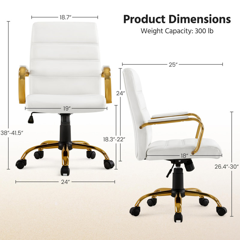 Whitney Ergonomic Upholstered Mid-Back Swivel Office Chair, Gold, White Faux Leather