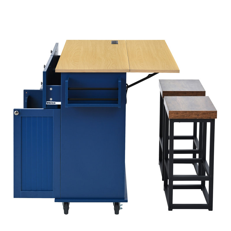 Farmhouse Kitchen Island With Drop Leaf And 2 Seatings (Not Include Stools), Blue