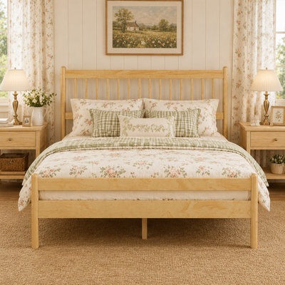 Traditional Style Queen Size Bed with Headboard and Footboard,  Pinewood Bed with Strengthened Bed Frame