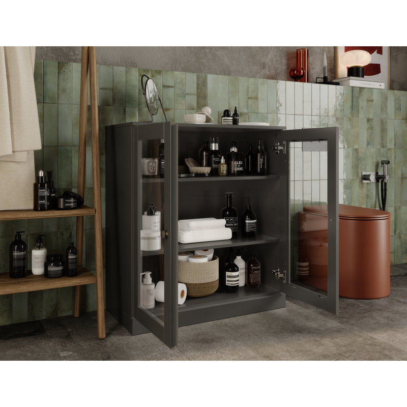 100% Solid Wood 32" Bathroom Cabinet with Clear Glass Doors and Adjustable Shelves, Gray