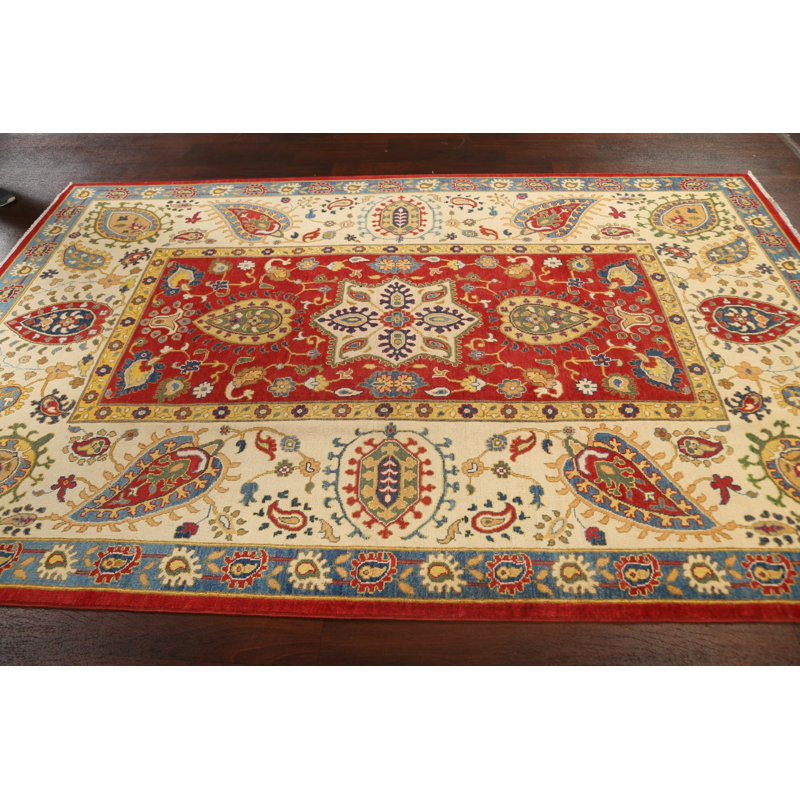 Tapis rouge noué à la main de conception unique 6 pi 6 po x 10 pi
