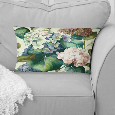Blue Retro Hydrangea III - Floral Printed Throw Pillow