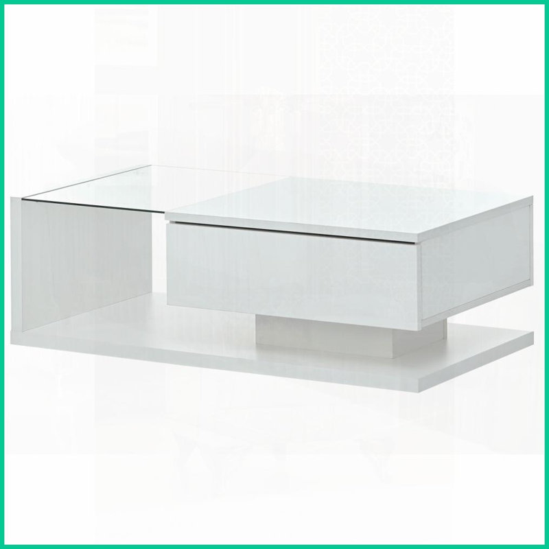 Table basse moderne blanche pour le salon - Plateau en verre trempé avec rangement Finition facile à nettoyer, Blanc